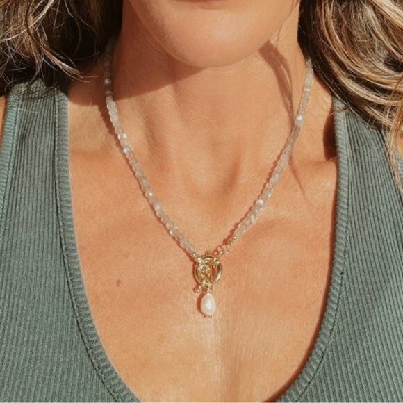 Labradorite Gemstone Necklace Gold Toggle Clasp Removable Pearl Healing Crystal - Picture 10 of 14